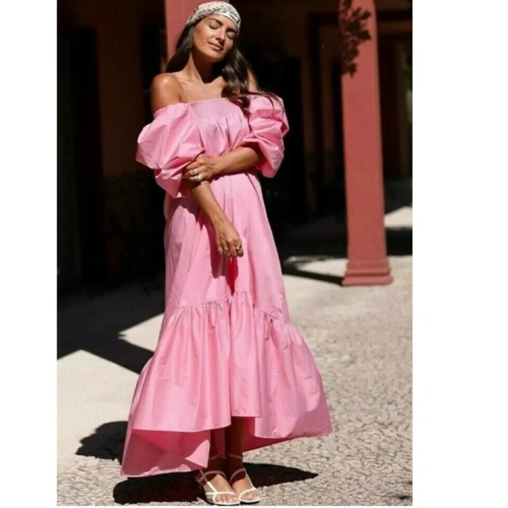 H&M Pink Puff Sleeve Voluminous Midi Dress XS Blogger Favorite NEW - Picture 1 of 14